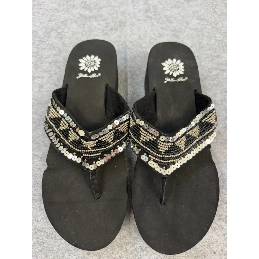 Yellow Box "Desiree" Black Sequin-Embellished Wedge Flip Flop Women's 9M - Picture 2 of 7